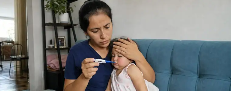 Una mamá le toma la temperatura a su hija pequeña y le pone la mano en la frente